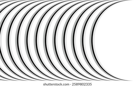 Abstract Black-and-White Curved Line Pattern with Optical Illusion Effect, Smooth Wave Motion, and Geometric Symmetry