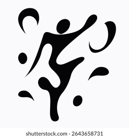 Abstract black-and-white illustration of a dancing figure in motion, created with flowing shapes and minimalist style.Vector