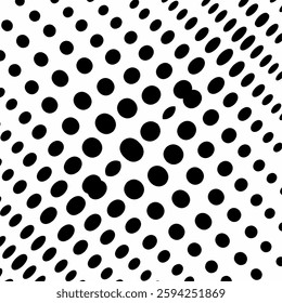an abstract, black-and-white, optical illusion vector background featuring distorted polka dots arranged in a wave-like pattern.