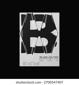 Abstractas póster en blanco y negro con distorsión de vidrio líquido y efectos de refracción suaves. Una composición futurista que combina tipografía, reflexión e ilusión óptica