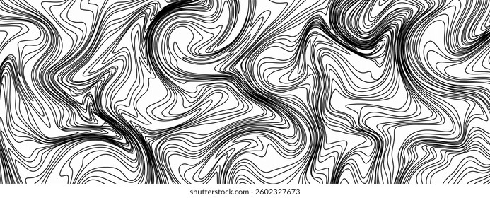 an abstract, black-and-white, wavy, contour-style vector background. It features flowing, curvilinear lines that create an organic and fluid aesthetic.