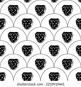 Abstract blackberry fruit seamless pattern. Linear fabric print template. Vector illustration, geometric shape in a row. Vintage wallpaper design. Sweet food sketch drawing.