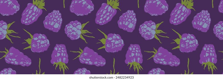 Abstract blackberry hand drawn illustrations. Blackberries seamless pattern for textile design, fabric oranment, banner with floral ornament. Juice or jam label design. Mulberry background.