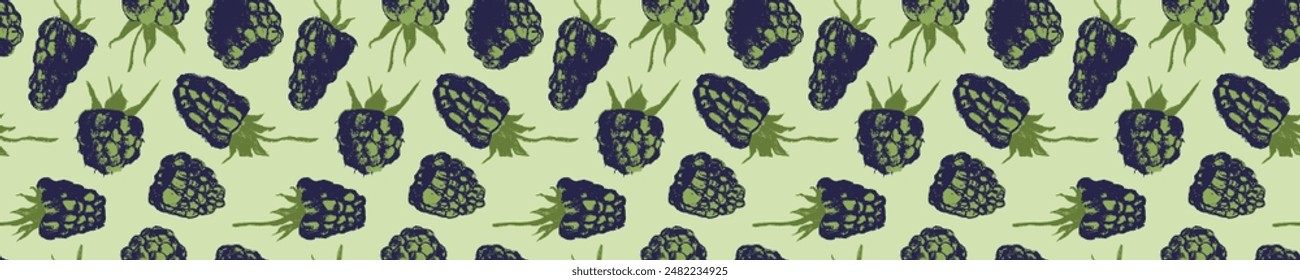 Abstract blackberry hand drawn illustrations. Blackberries seamless pattern for textile design, fabric oranment, banner with floral ornament. Juice or jam label design. Mulberry background.