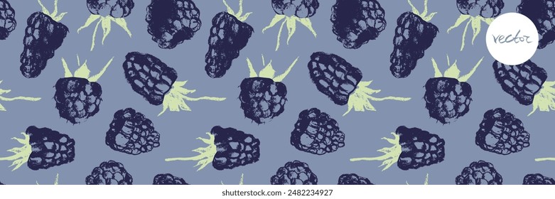 Abstract blackberry hand drawn illustrations. Blackberries seamless pattern for textile design, fabric oranment, banner with floral ornament. Juice or jam label design. Mulberry background.