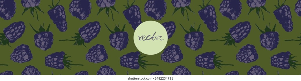 Abstract blackberry hand drawn illustrations. Blackberries seamless pattern for textile design, fabric oranment, banner with floral ornament. Juice or jam label design. Mulberry background.