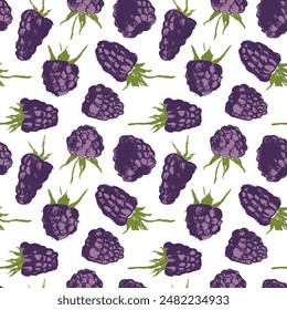 Abstract blackberry hand drawn illustrations. Blackberries seamless pattern for textile design, fabric oranment, banner with floral ornament. Juice or jam label design. Mulberry background.