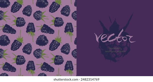 Abstract blackberry hand drawn illustrations. Blackberries seamless pattern for textile design, fabric oranment, banner with floral ornament. Juice or jam label design. Mulberry background.