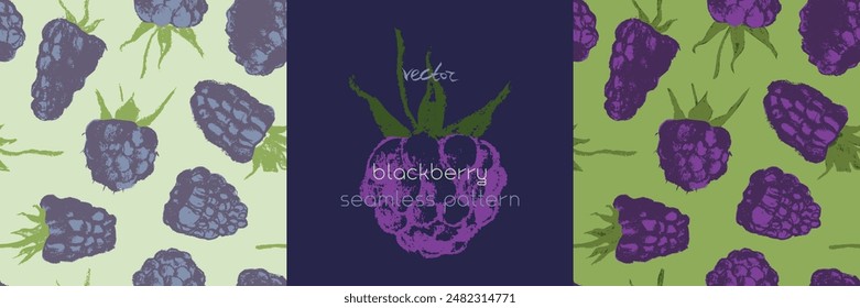 Abstract blackberry hand drawn illustrations. Blackberries seamless pattern for textile design, fabric oranment, banner with floral ornament. Juice or jam label design. Mulberry background.