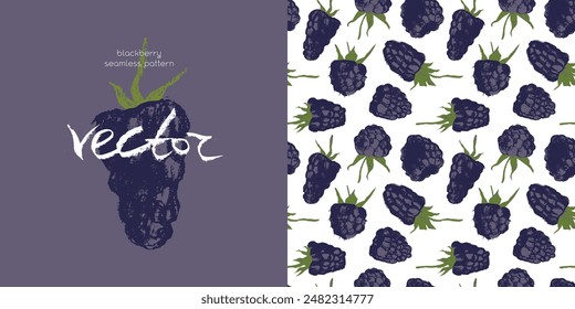 Abstract blackberry hand drawn illustrations. Blackberries seamless pattern for textile design, fabric oranment, banner with floral ornament. Juice or jam label design. Mulberry background.