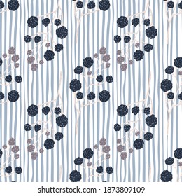 Abstract blackberry shapes seamless doodle pattern. Light striped background. Blue and grey berries. Perfect for fabric design, textile print, wrapping, cover. Vector illustration.