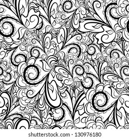 Abstract black-white seamless pattern with floral ornament. Pattern can be used as wallpaper, web page background, textile design etc