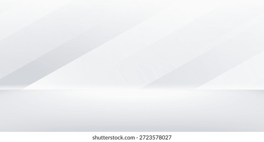 Fundo em branco abstrato com design de gradiente geométrico branco e cinza para fundo branco com luz suave e sombra. Exibição vazia do produto Studio com espaço de cópia para exibição do design de conteúdo.