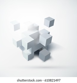 Abstract blank geometric design concept with group of 3d white cubes on light background isolated vector illustration