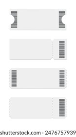 Abstract blank ticket stubs template on white background. Ticket mockup in different shapes with barcode. Realistic style. Vector illustration