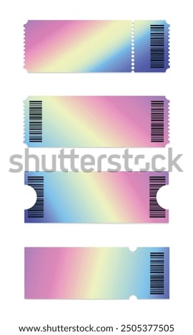 Abstract blank ticket stubs templates on white background. Rainbow colored ticket mockups in different shapes with barcode. Vector illustration