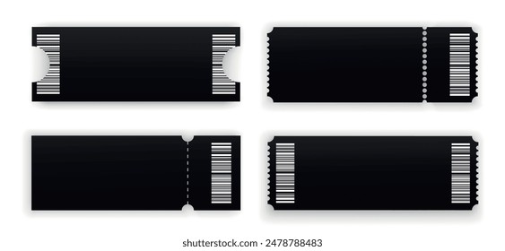 Abstract blank tickets templates isolated on white background. Ticket mockup in different shapes with barcode, front view. Realistic style. Vector illustration