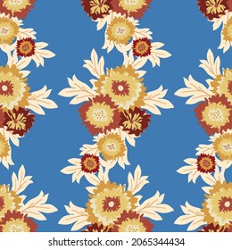 Abstract blanket flower bouquet vector seamless botanical pattern background. Yellow orange red wild meadow flowers on bright blue backdrop. Vertical column geometric modern hand drawn floral repeat.