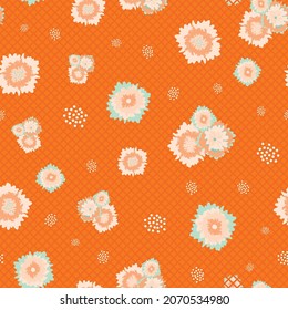 Abstract blanket flower seamless vector botanical pattern background. Backdrop with orange wild meadow flowers . Scattered modern floral design. Hand drawn blooms and dots all over print for summer