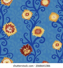 Abstract blanket flower vector seamless botanical pattern background. Yellow red trailing florals on textured blue backdrop. Wild meadow flowers vertical geometric modern botanical repeat for wellness