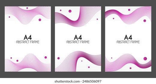 Abstract blend lines and rounds frames for vertical A4 forms. Printed design of cover, document, poster. White vertical A4 sheets with trendy pink gradient elements. Isolated on gray background.