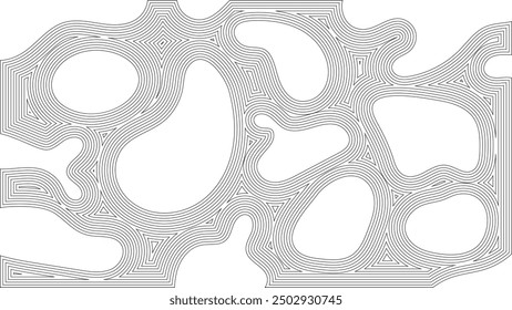 Abstract blob contour line pattern on white background. Black and white vector illustration for desktop wallpaper, banner, poster, website, backdrop