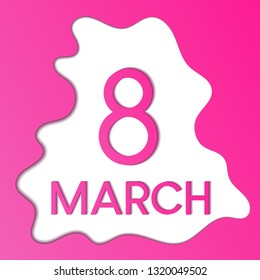 Abstract blob papercut 8 march female holiday postcard in trendy plastic pink color. Creative design template of banner, greeting card, flyer for International women's day with modern cutout effect