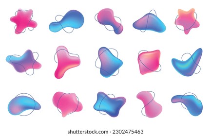 Abstract blob shape 3d gradients. Dynamic fluid backgrounds and vibrant three-dimensional gradient shapes for modern designs and branding vector elements set. Unique asymmetric elements collection