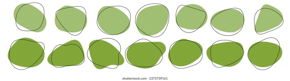 Abstract blob shape organic,  irregular round blot form with outline circle. Collection of liquid drops in modern doodle style. Vector illustration set. 