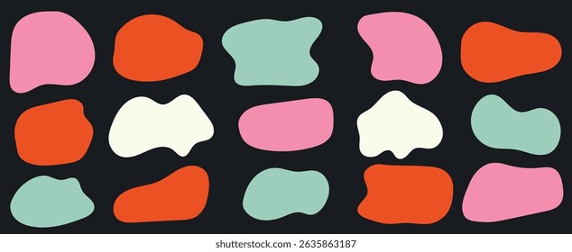 Abstract blob shape organic vector elements in pastel retro vintage colors. Wavy liquid irregular forms in simple minimalistic style. Modern text box any shape collection