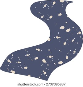 Abstract blob shape with scattered paint splatters in flat contour. Organic patch shows drip marks and specks drawn with clean curves and smooth edges. Cartoon vector illustration