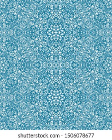 Abstract blob shapes arranged in a kaleidoscopic seamless repeat vector pattern swatch.  Blue and white.