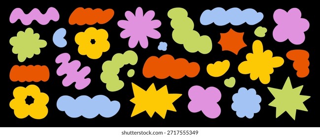 Conjunto de doodle de Formas de manchas Abstractas. Formas cómicas de nubes y figuras orgánicas groovy en estilo sketch. Ilustración vectorial dibujada a mano aislada sobre fondo negro