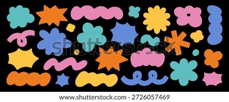 Abstract blob shapes doodle set. Hand drawn comic cloud forms and organic groovy figures in sketch style. Vector illustration isolated on black background