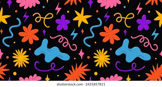 Abstract blob and shapes seamless pattern. Collection of contemporary forms, funny balloon flower, bubble, loop, star, wavy and spiral elements. Trendy 70s, 90s 00s groovy cartoon style.