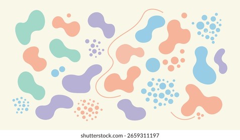 Abstractas manchas y racimos de puntos en tonos pastel de verde, naranja, púrpura y azul, conectados por una línea curva sobre un fondo crema claro.