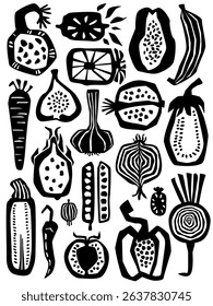 abstract block print style different doodled fruits and vegetables art poster, vector illustration graphic print