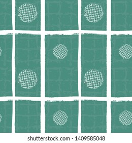Abstract block print textured white circles and grunge striped grid design. Seamless vector pattern on teal textured background. Perfect for wellness, yoga products, fabric, stationery,packaging