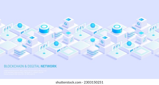 Abstract blockchain and digital cloud network technology background. Artificial intelligence, deep learning and big data concept. Quantum technology. Isometric tech visual for screen pattern template.