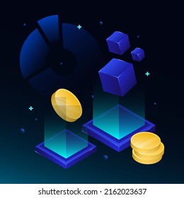 Resumen Ilustración de Blockchain. Monedas, cubos, gráficos en el fondo del degradado. Ilustración del vector