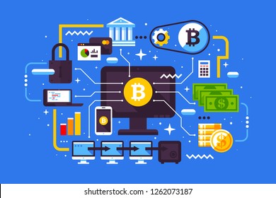 Abstract blockchain illustration in modern flat style. Big desktop computer with bitcoin symbol. Cryptocurrency, transactions, economy, money and other icons.
