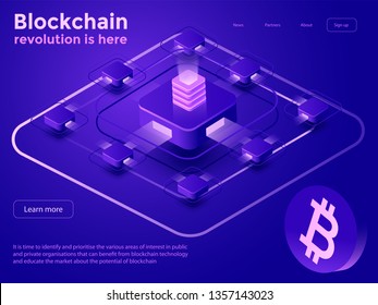 Abstract Blockchain isometric concept banner. Modern Concept of Digital Technology in the Shape of Block Chain net. Vector Illustration.
