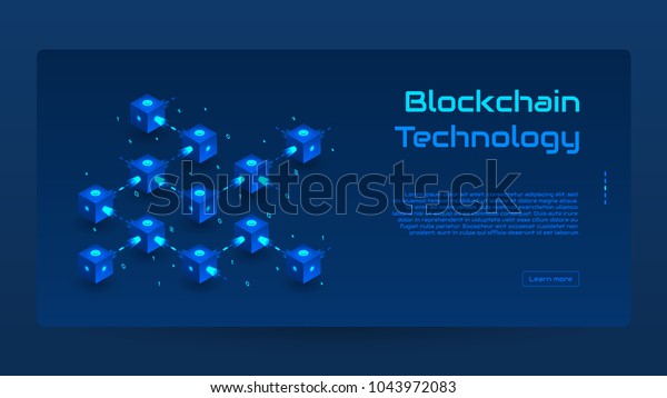 抽象的ブロックチェーンアイソメコンセプトバナー ブロック チェーン ネットの形をした現代のデジタル技術のコンセプト ベクターイラスト のベクター画像素材 ロイヤリティフリー