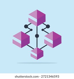 Rede de cadeia de blocos abstrata com blocos de dados roxos conectados. Representa sistemas descentralizados, tecnologia de razão distribuída, fluxo de dados e infraestrutura digital.