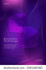 Abstract blockchain technology background. Futuristic geometric cubes and dynamic wave lines. Digital technology, cryptocurrency, and data security concepts.
