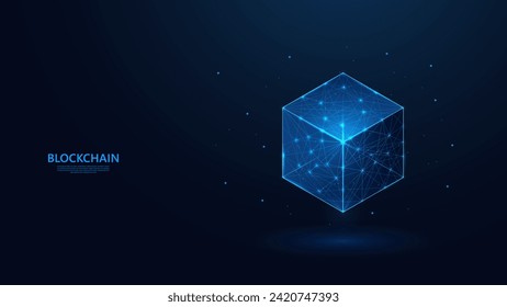 Abstract blockchain technology concept in futuristic low poly wireframe style. blue background with a sprinkling of shining stars.