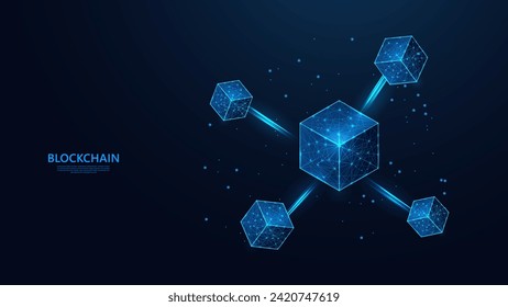 Abstract blockchain technology concept in futuristic low poly wireframe style. blue background with a sprinkling of shining stars.