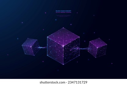 Abstract blockchain technology concept on futuristic low poly wireframe style. Digital Linked blocks contain cryptography hash and transaction data on dark space background with a glowing starry sky.