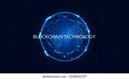 Abstract blockchain technology and globe concept. Modern blue background. advanced security better performance faster verification storage high tech technology