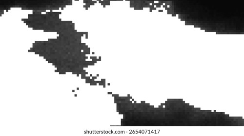 Abstract blocky monochrome image features coarse shapes in shades of gray on a bright white backdrop, creating a pixelated effect with rough edges and a somewhat chaotic, yet organized structure